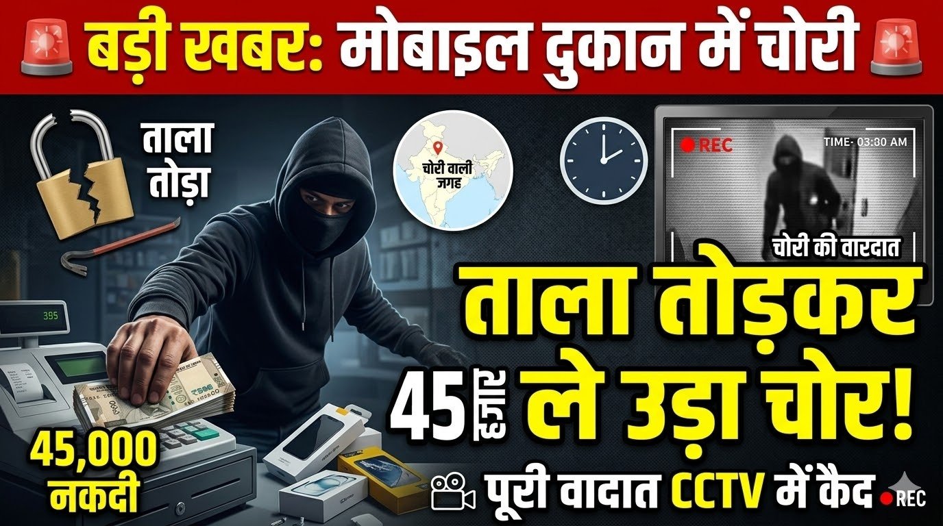 मोबाइल दुकान में चोरी: ताला तोड़कर 45 हजार रुपए ले उड़ा चोर, CCTV में कैद वारदात