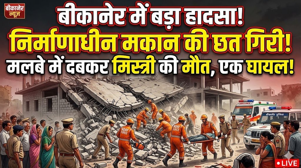 बीकानेर: अचानक गिरी निर्माणाधीन मकान की छत,नीचे दबने से मिस्त्री की मौत, एक घायल