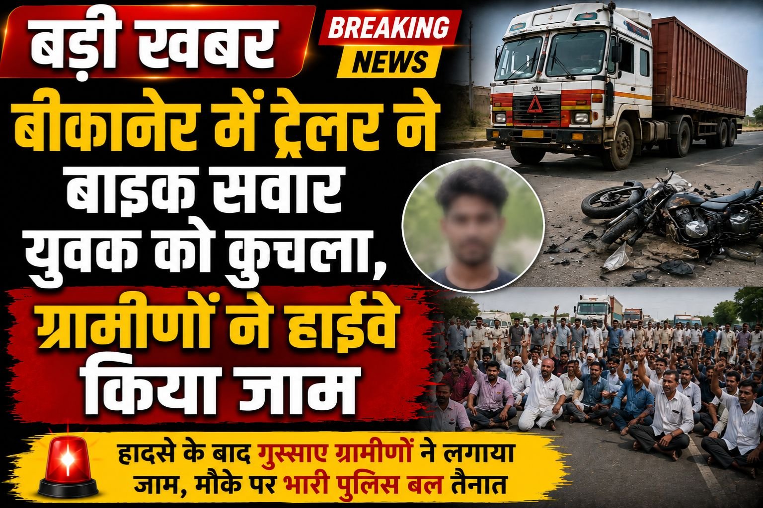 बीकानेर में ट्रेलर ने बाइक सवार युवक को कुचला, ग्रामीणों ने हाईवे किया जाम