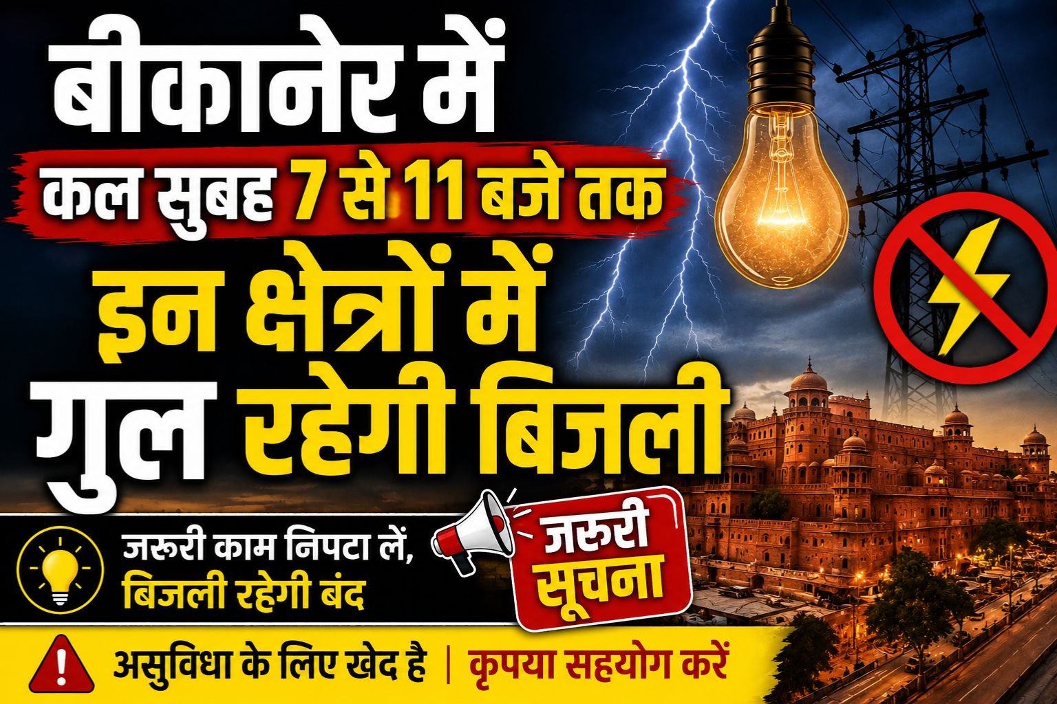 बीकानेर में कल सुबह 7 से 11 बजे तक इन क्षेत्रों में गुल रहेगी बिजली